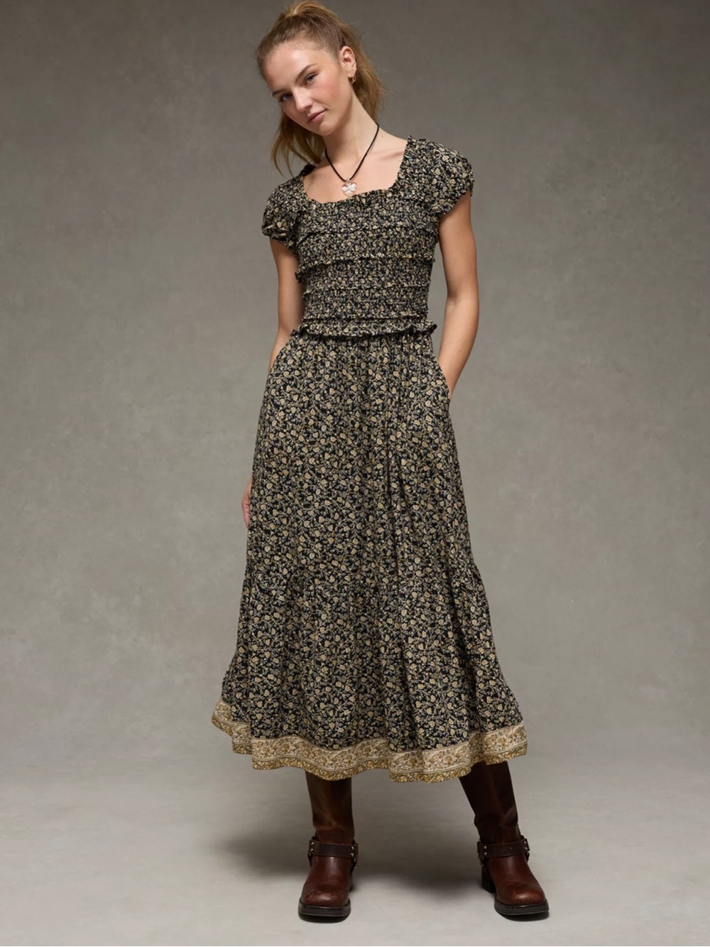NWT AE Scoop Neck Smocked Midi Dress